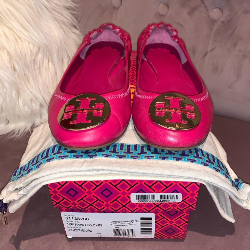 Tory Burch Reva Flats Shoes 12 Pink Fushia Gold